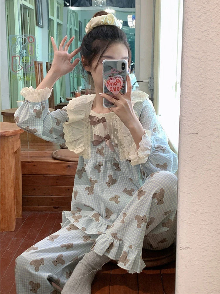 Cartoon Bear Print Lace Cute Sleepwear Sweet Home Long Sleeve Pajama Set Women Girlish Style Princess Loose Casual Sleep Tops - Deanwangkt