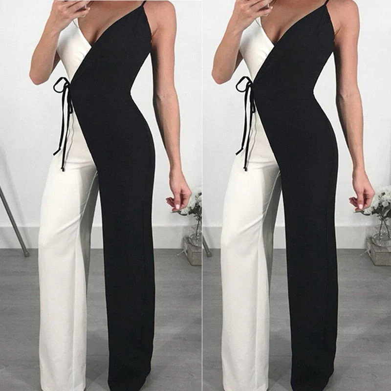 Autumn Women Long Jumpsuits Sleeveless Black White Patckwork OL Pants Polyester Sexy Ladies Loose Bodysuit ropa mujer Feminino - Deanwangkt