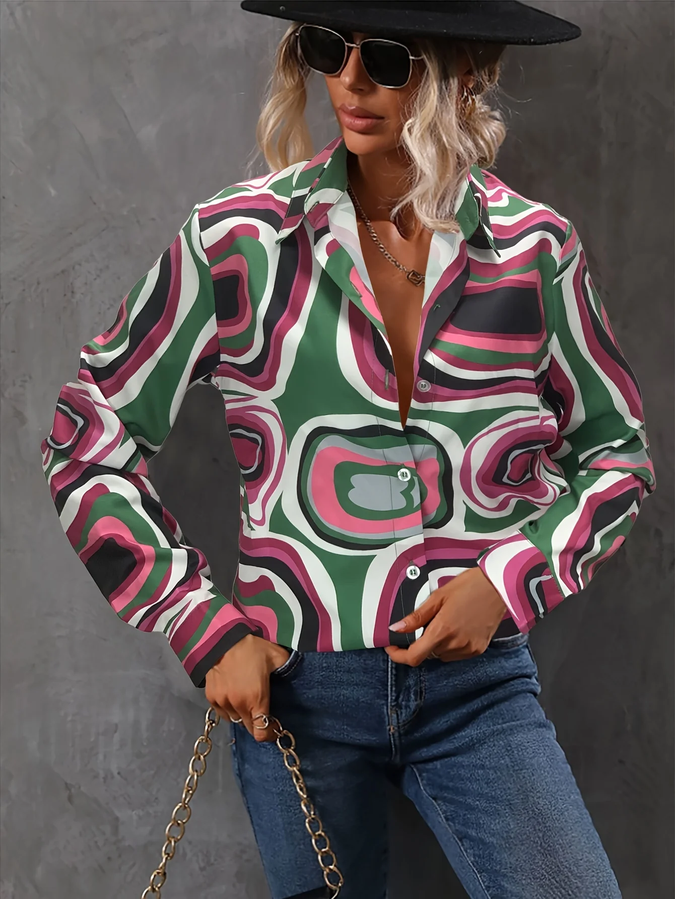 Abstract Print Shirt, Casual Button Front Long Sleeve Shirt, Women's Clothing - Deanwangkt