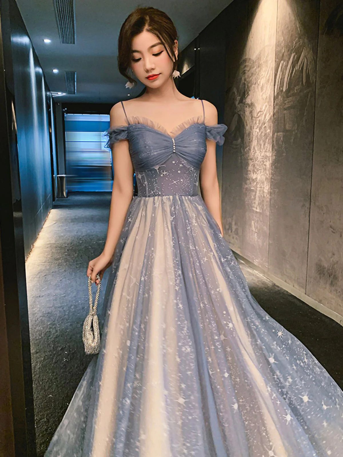 solvbao Blue Spaghetti Straps Tulle Long Prom Dress, Cute A-Line Evening Dress - Deanwangkt