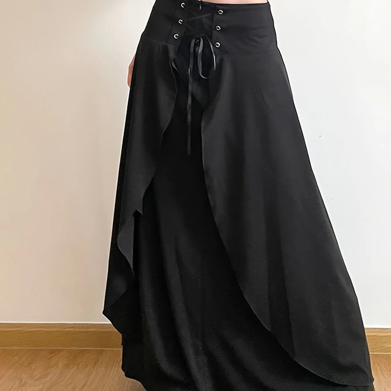 deanwangkt Lace Up Layered Skirt, Elegant Maxi Length Solid Color A-line Skirt, Women's Clothing - Deanwangkt