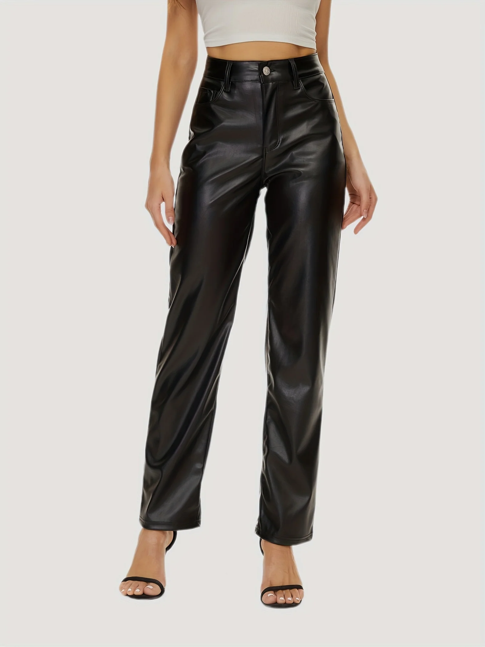 PU Leather Solid Pants, Elegant High Waist Comfy Pants For All Season, Women's Clothing - Deanwangkt