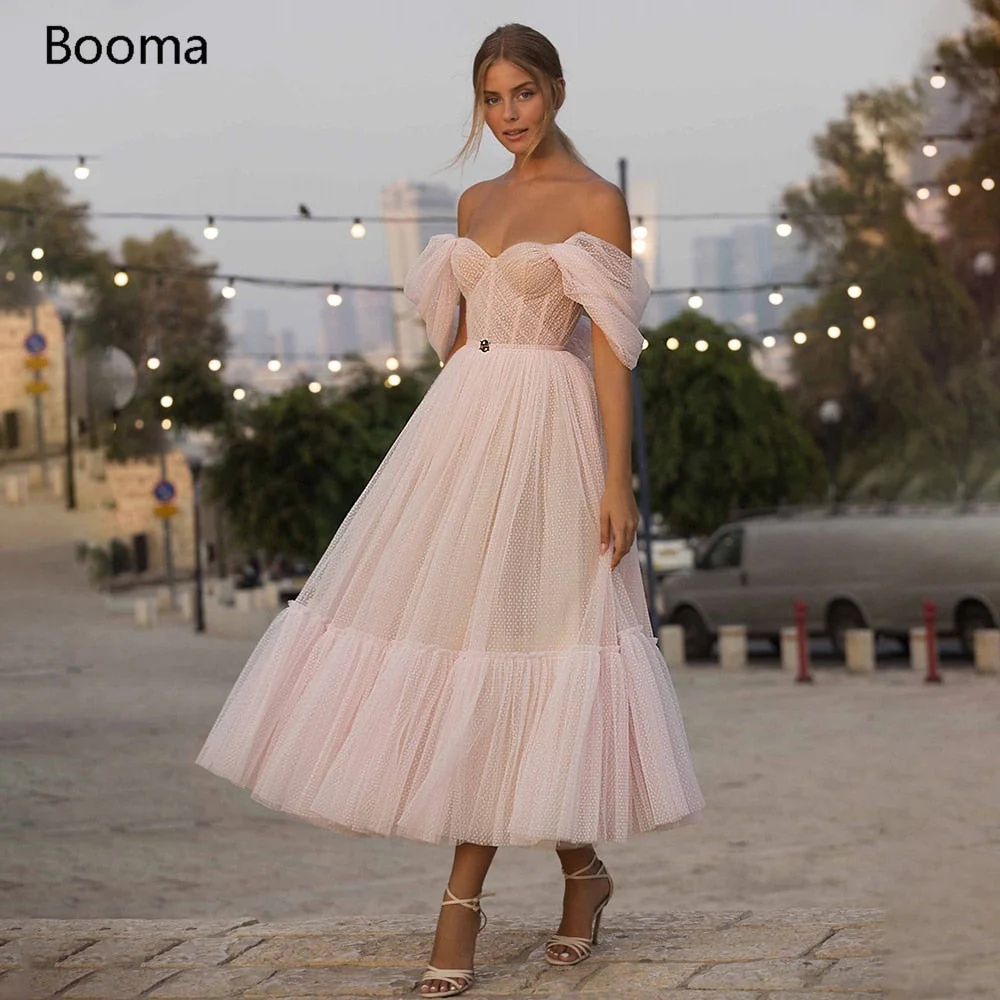 DEANWANGKT Blush Pink Short Prom Dresses  Off Shoulder Tiered Skirt A-Line Party Dresses Pleated Tea-Length Tulle Formal Gowns - Deanwangkt
