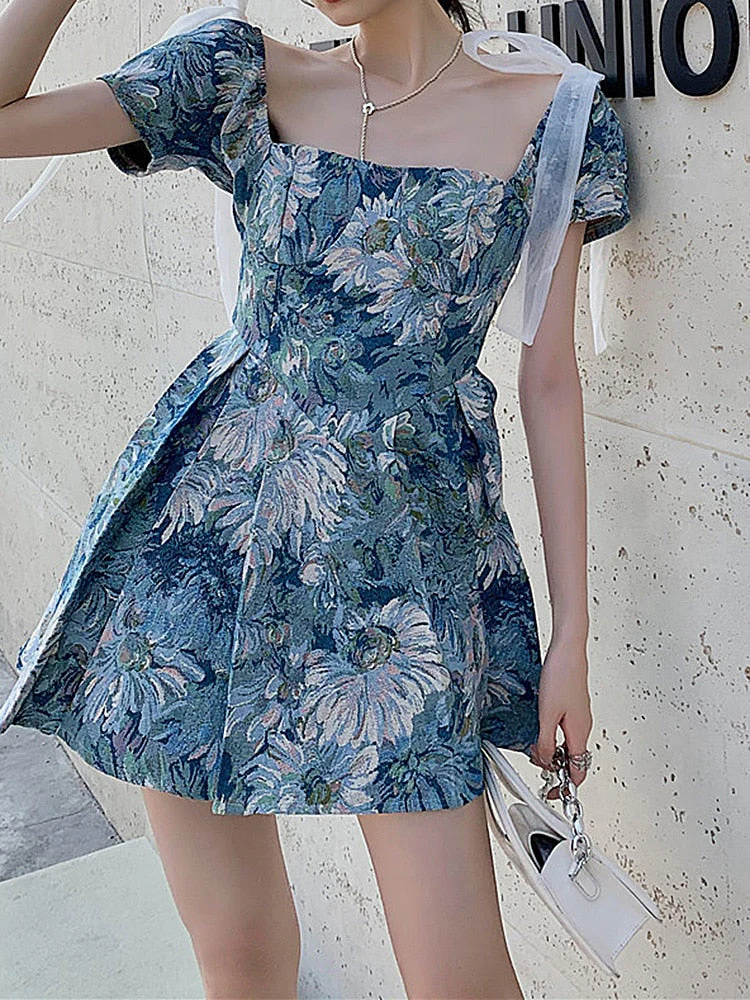 deanwangkt Fairy Dress Spring Floral Mini Dress  Spring  Puff Sleeve High Waist Korean A- line Femme Vintage Short Sleeve Party Dress Women Chic - Deanwangkt
