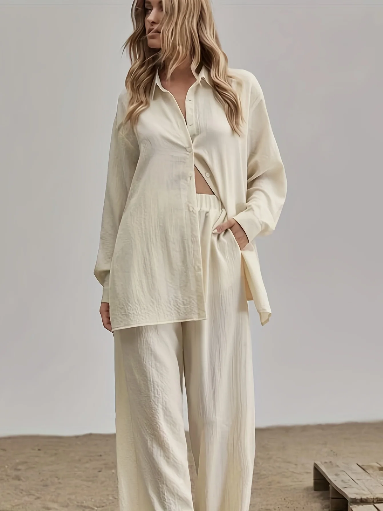 deanwangkt-1  Solid Casual Two-piece Set, Button Front Long Sleeve Shirt & Elastic Waist Pants Outfits, Women's Clothing - Deanwangkt