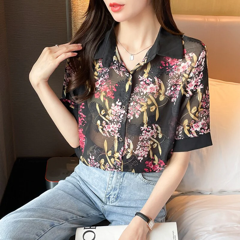 deanwangkt Summer Fashion elegant Women's chiffon Blouses printing ladies shirts short sleeve dress shirts Tops Blusas Mujer - Deanwangkt