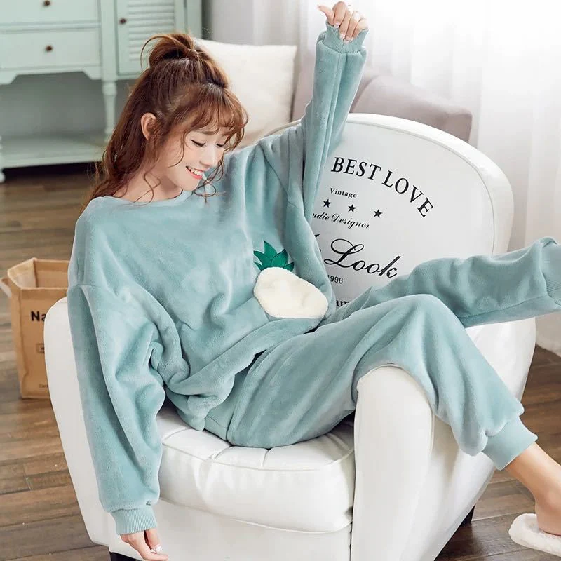 deanwangkt Winter Warm Flannel Women Pyjamas Sets Thick Coral Velvet Long Sleeve Cartoon Sleepwear Thin Flannel Pajamas Set Sleep Wear - Deanwangkt