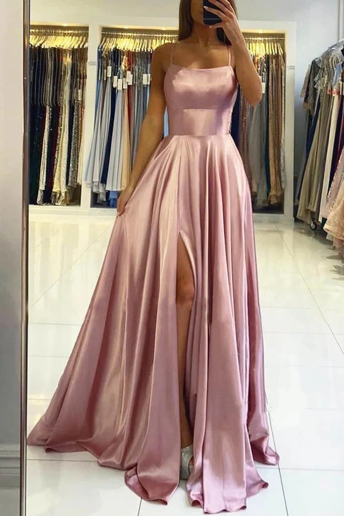 Womens Straps Prom Dress Long High Split Satin Evening Gowns Prom Spaghetti Formal Party Bridesmaid Dresses For Wedding - Deanwangkt