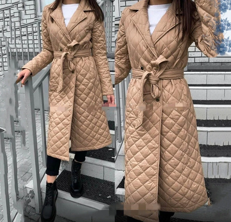 deanwangkt Long Straight Winter Coat With Rhombus Pattern Casual Sashes Women Parkas Deep Pockets Tailored Collar Stylish Outerwear - Deanwangkt