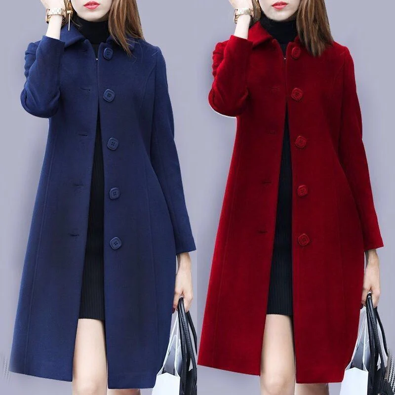 deanwangkt Fashion Ladies Wool Coat New Autumn Winter Mid-Length Single-Breasted Slim Blended Woolen Overcoat Red Blue Black Women Jacket - Deanwangkt