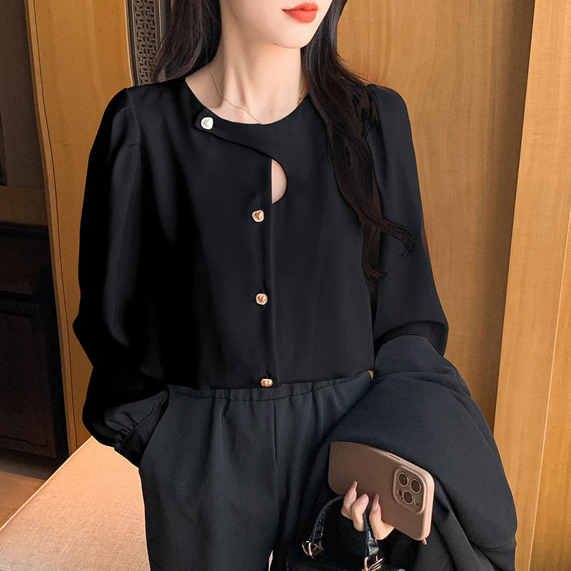 deanwangkt Casual Hollow Shirt Elegant Office Lady Tops Autumn Long Sleeve Blouse Fashion Chic Round Collar Solid Loose Women Clothes - Deanwangkt