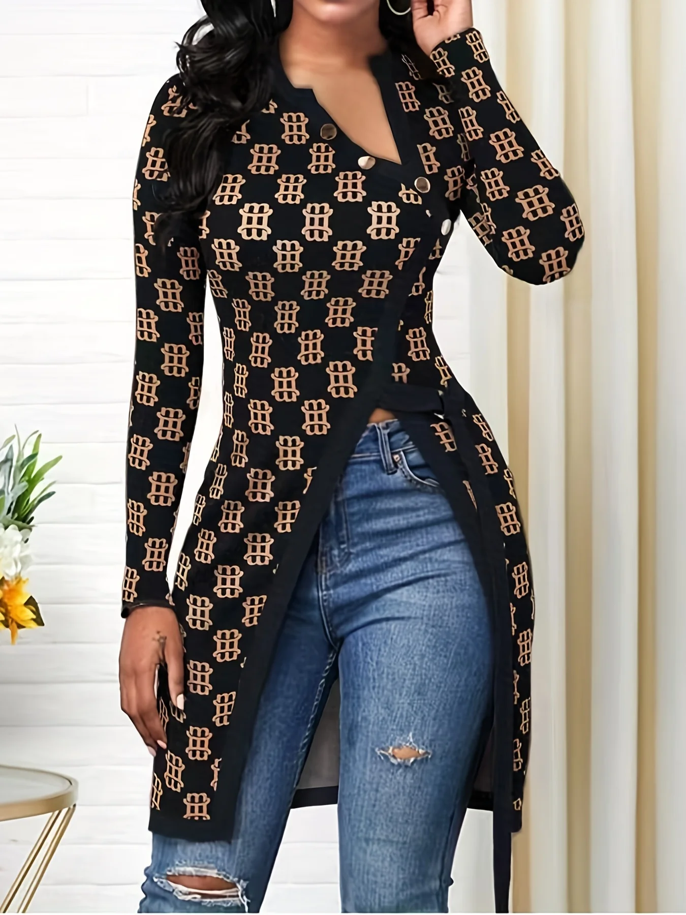 deanwangkt-1 Allover Print Split T-shirt, Casual Asymmetrical Long Sleeve T-shirt, Women's Clothing - Deanwangkt