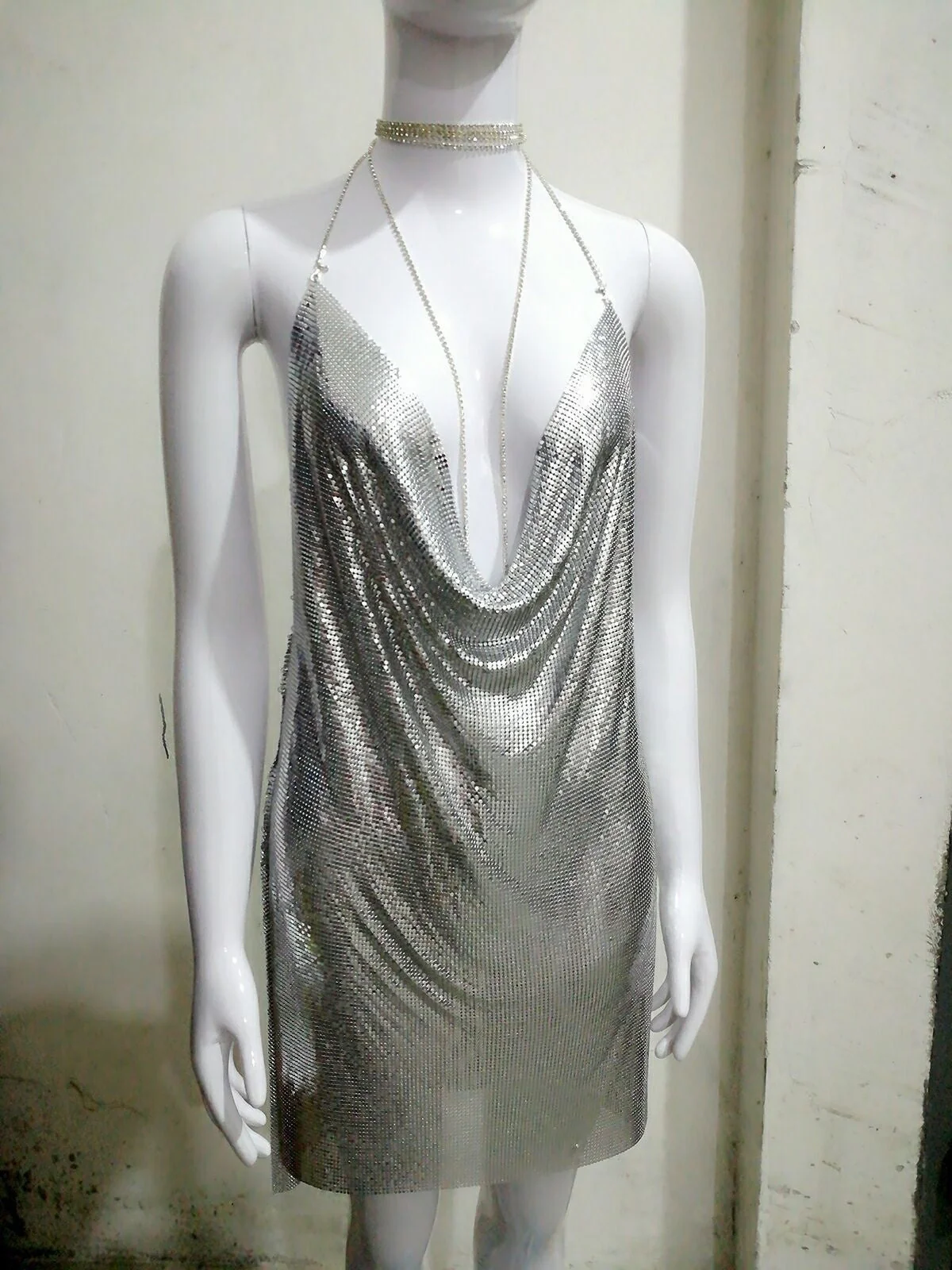 SRUBY Sexy Backless Metal Party Summer Dress Women Beach Night club Mini slip dress Glitter Sequin ladies Dresses  Christmas - Deanwangkt