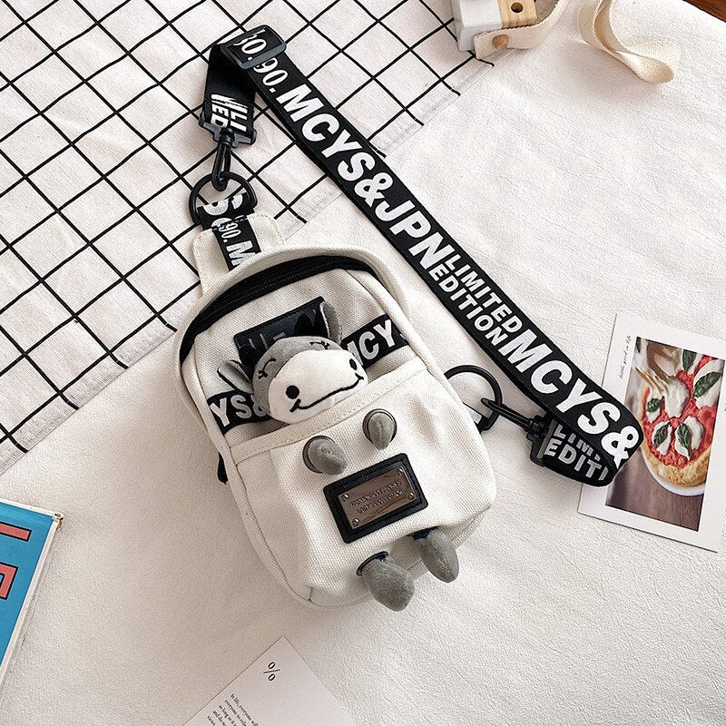 deanwangkt Cute Plush Toy Inside Chest Bag For Women Casual Canvas Bag Women Crossbody Bags Letter Print Strap Shoulder Bag Women Bolso Sac - Deanwangkt