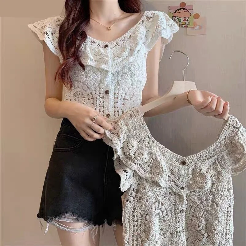 deanwangkt Tank Tops Hollow Out Students Designer Fashion Kawaii Elegant Solid Daily Knitting Korean Style Comfortable Leisure Special New - Deanwangkt