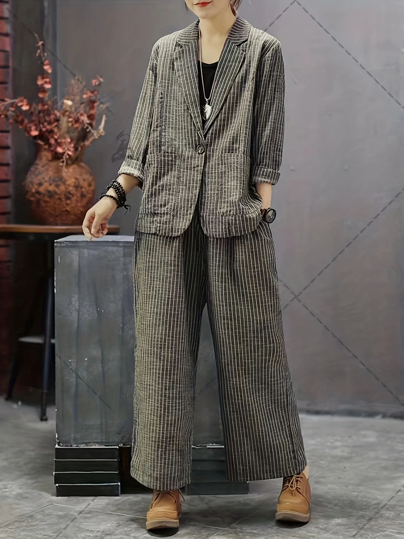 deanwangkt Striped Print Casual Two-piece Set, Lapel One Button Long Sleeve Blazer & Long Length Wide Leg Pants Outfits, Women's Clothing - Deanwangkt