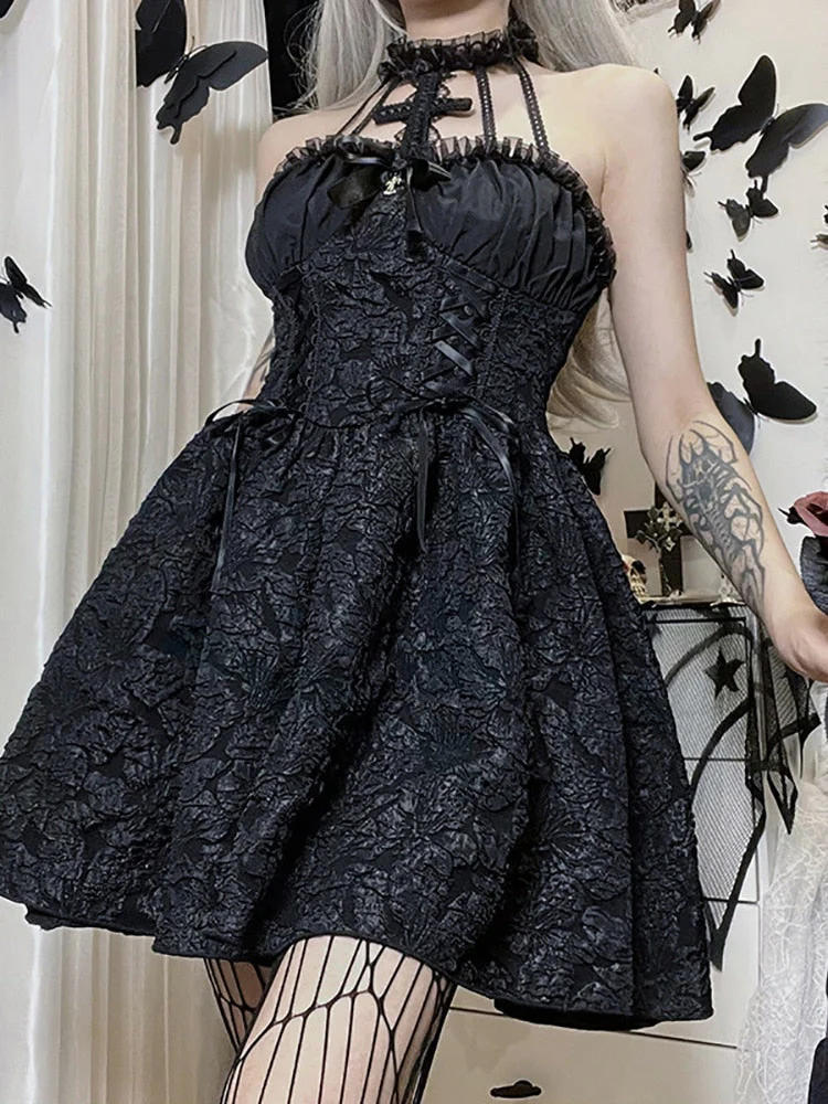 deanwangkt Mall Gothic Emo Jacquard A-line Dresses Elegant Grunge Ruched Bandage Partywear Punk Black Women Halloween Club Dress - Deanwangkt