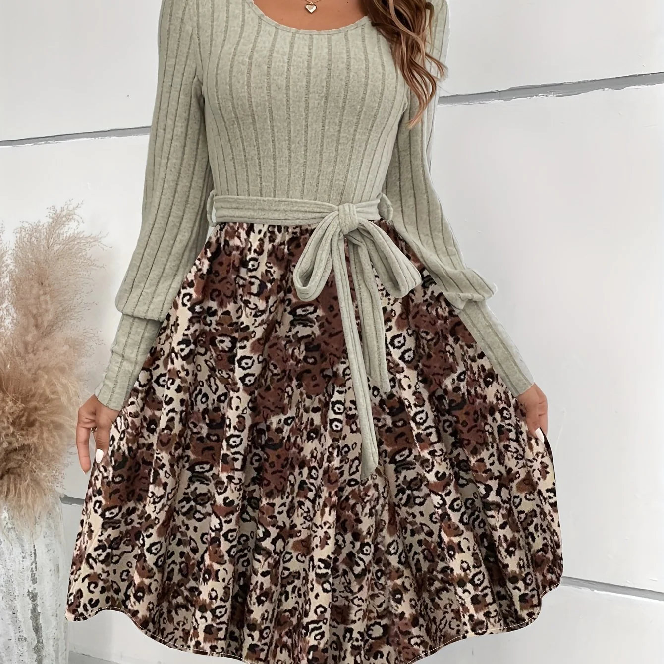 Leopard Print Splicing Dress, Elegant Crew Neck Long Sleeve Dress, Women's Clothing - Deanwangkt