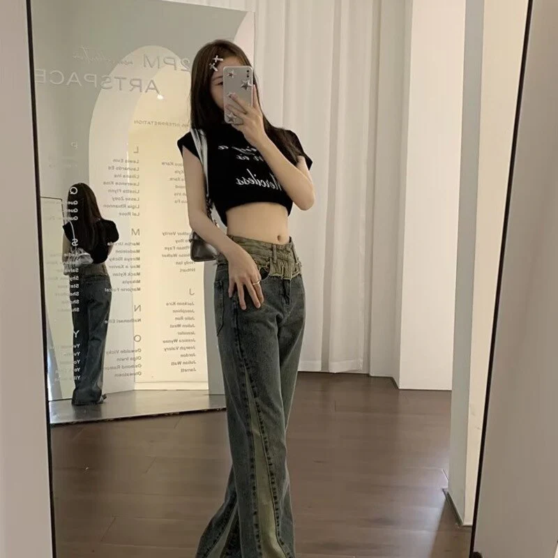 deanwangkt Summer New Splice Slim Raglan Jeans Women Spice Girls High Waist Design Sense Small Public Show Thin Flare Pants - Deanwangkt