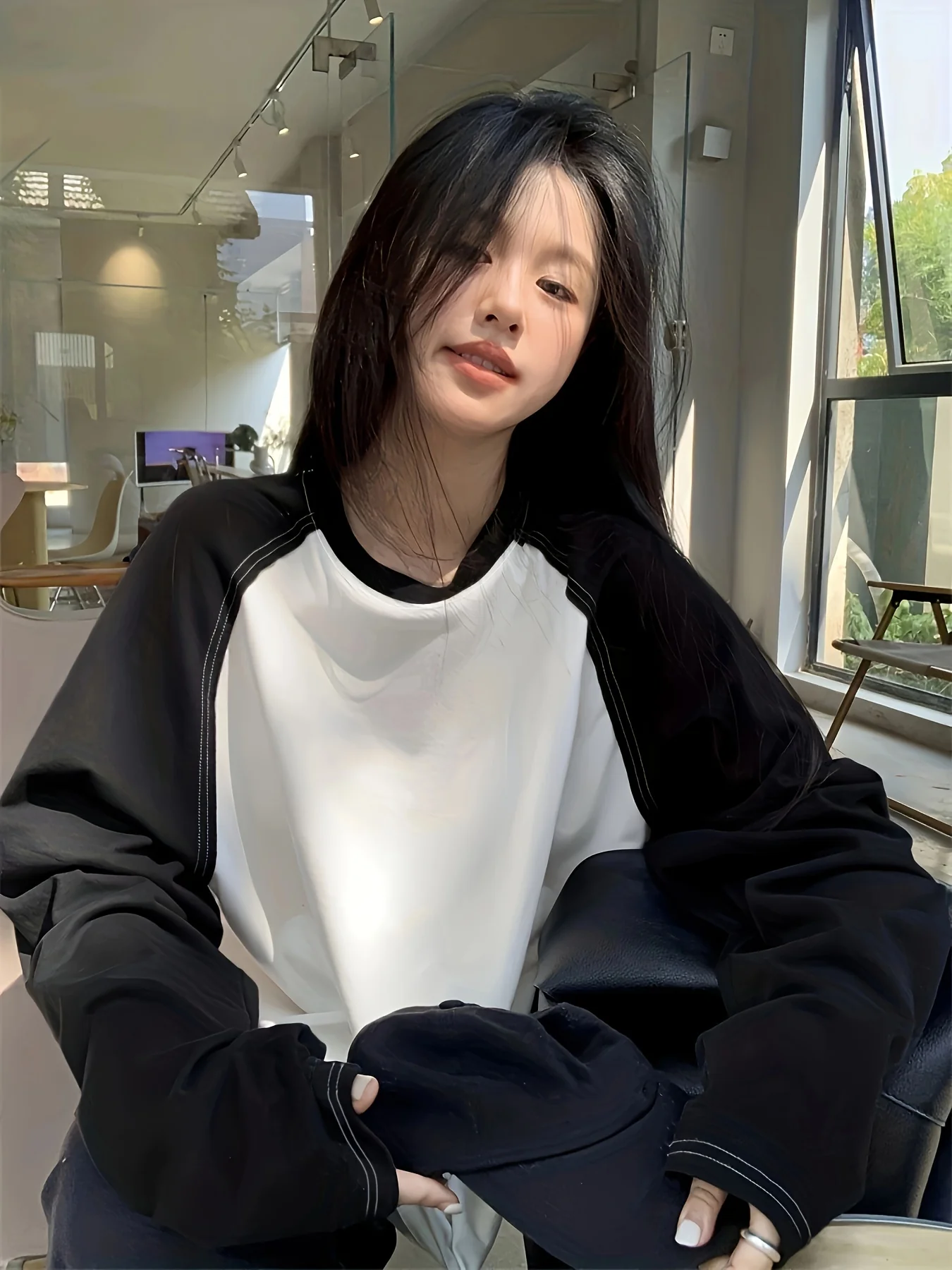 deanwangkt Color Block Raglan Neck Tee, Casual Long Sleeve T-shirt, Women's Clothing - Deanwangkt