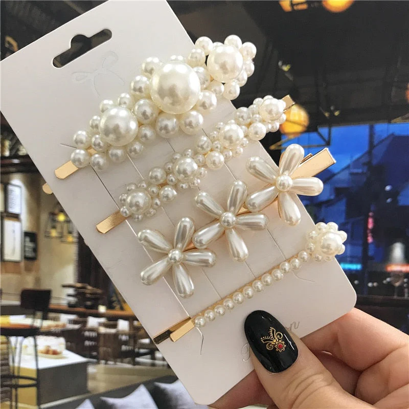 deanwangkt 1Set Handmade Pearls Hair Clips Pin for Women Fashion Geometric Flower Barrettes Headwear Girls Sweet Hairpins Hair Accessorie - Deanwangkt