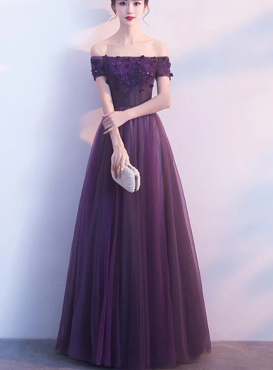 Solvbao Off Shoulder Purple Tulle with Lace Applique Party Dress, Purple Prom Dress - Deanwangkt