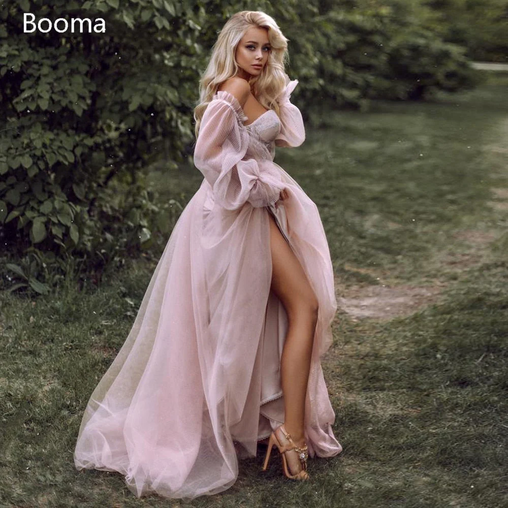 Sweet Dusty Pink Prom Dresses  Off Shoulder Long Sleeves Princess Party Dresses Crumpled Tulle A-Line Formal Evening Gowns - Deanwangkt