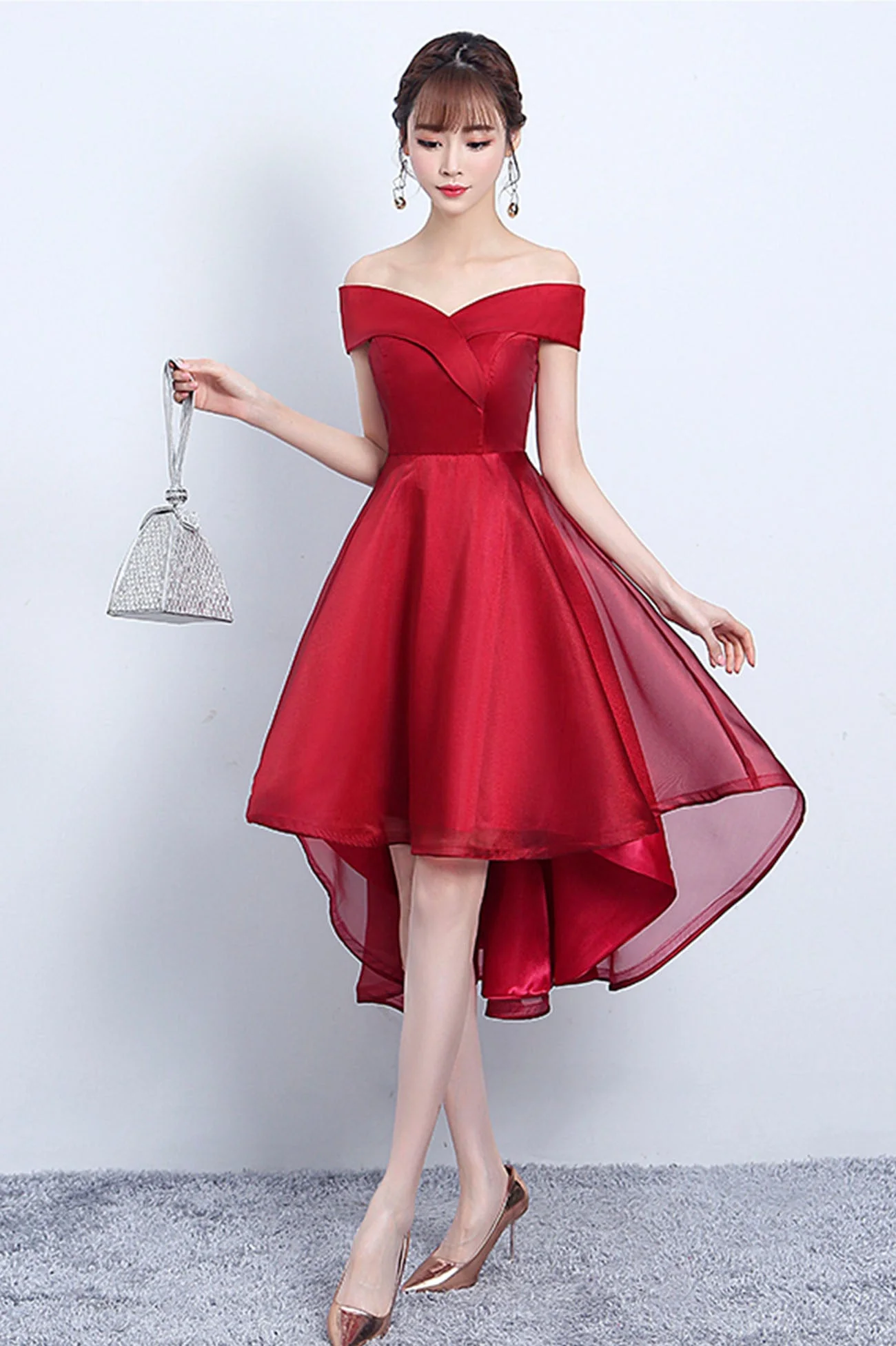 solvbao Red V-Neck Tulle High Low Prom Dress, Off the Shoulder Party Dress - Deanwangkt
