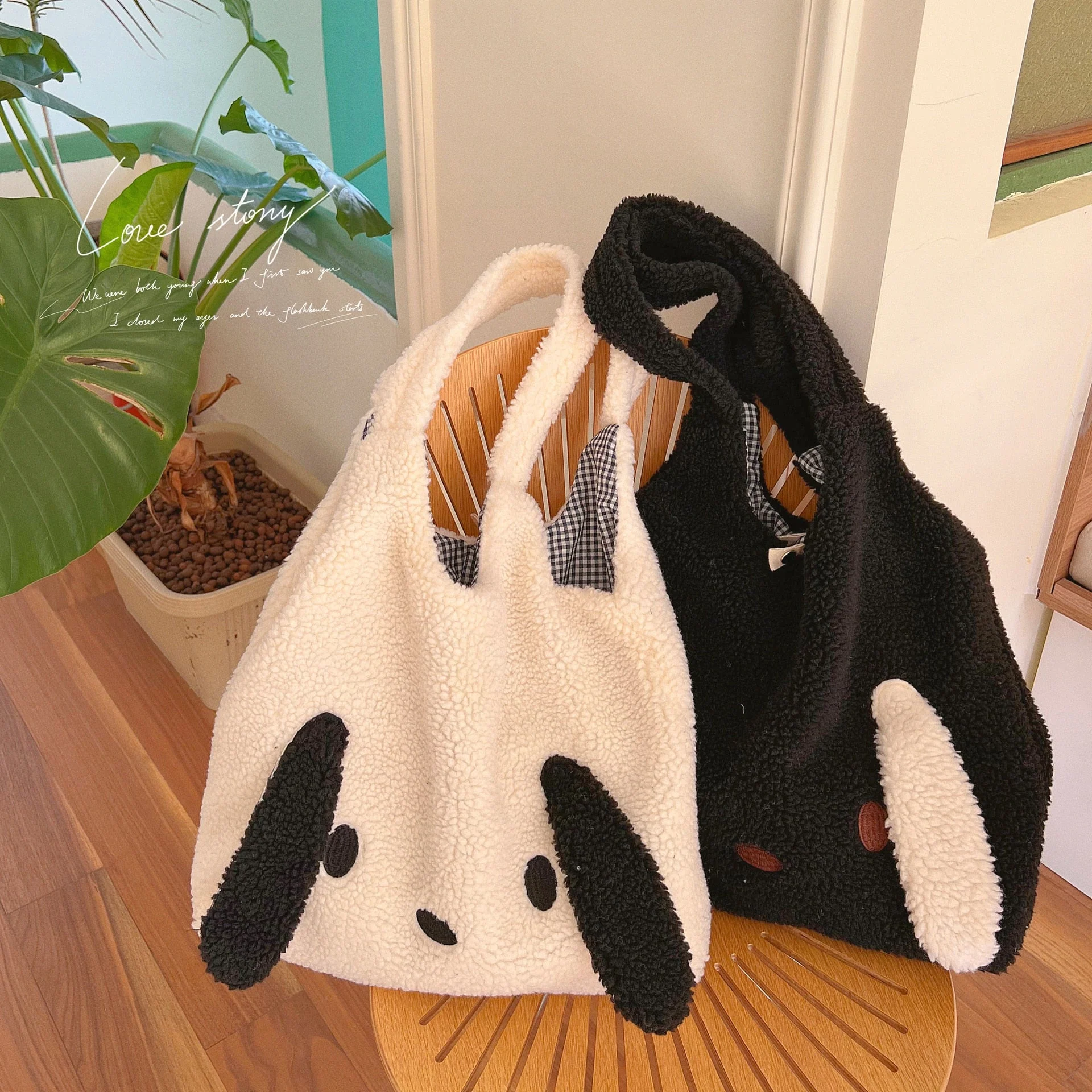 deanwangkt  New Winter Warm Plush Bag Women Imitation Lamb Hair Cartoon Dog Ears Shoulder Bag For Women Large-capacity Tote Bag Handbag - Deanwangkt