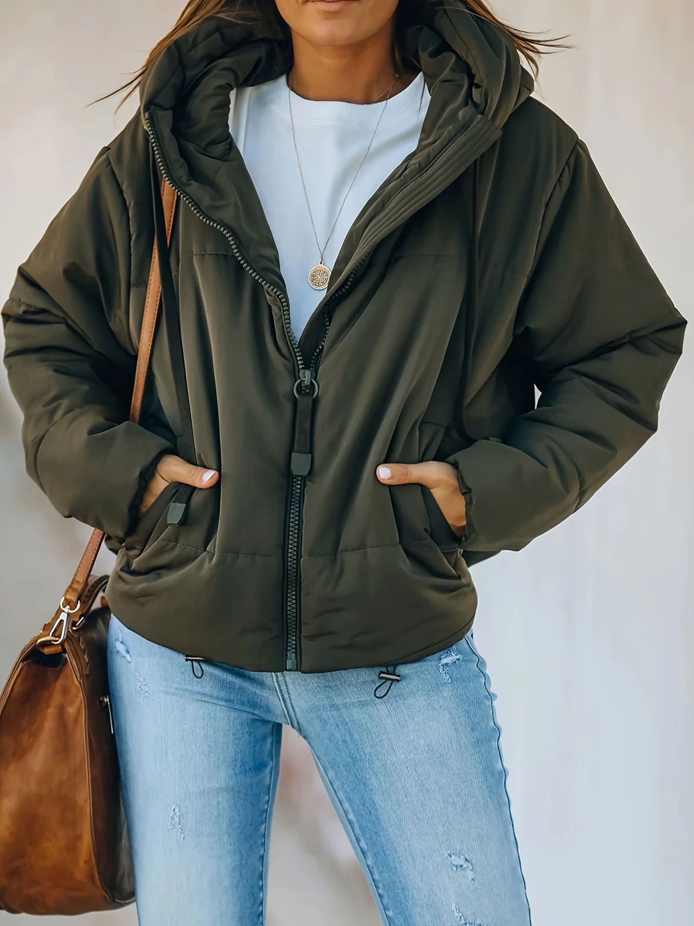 Zip Up Drawstring Coat, Casual Long Sleeve Hooded Winter Outerwear, Women's Clothing - Deanwangkt