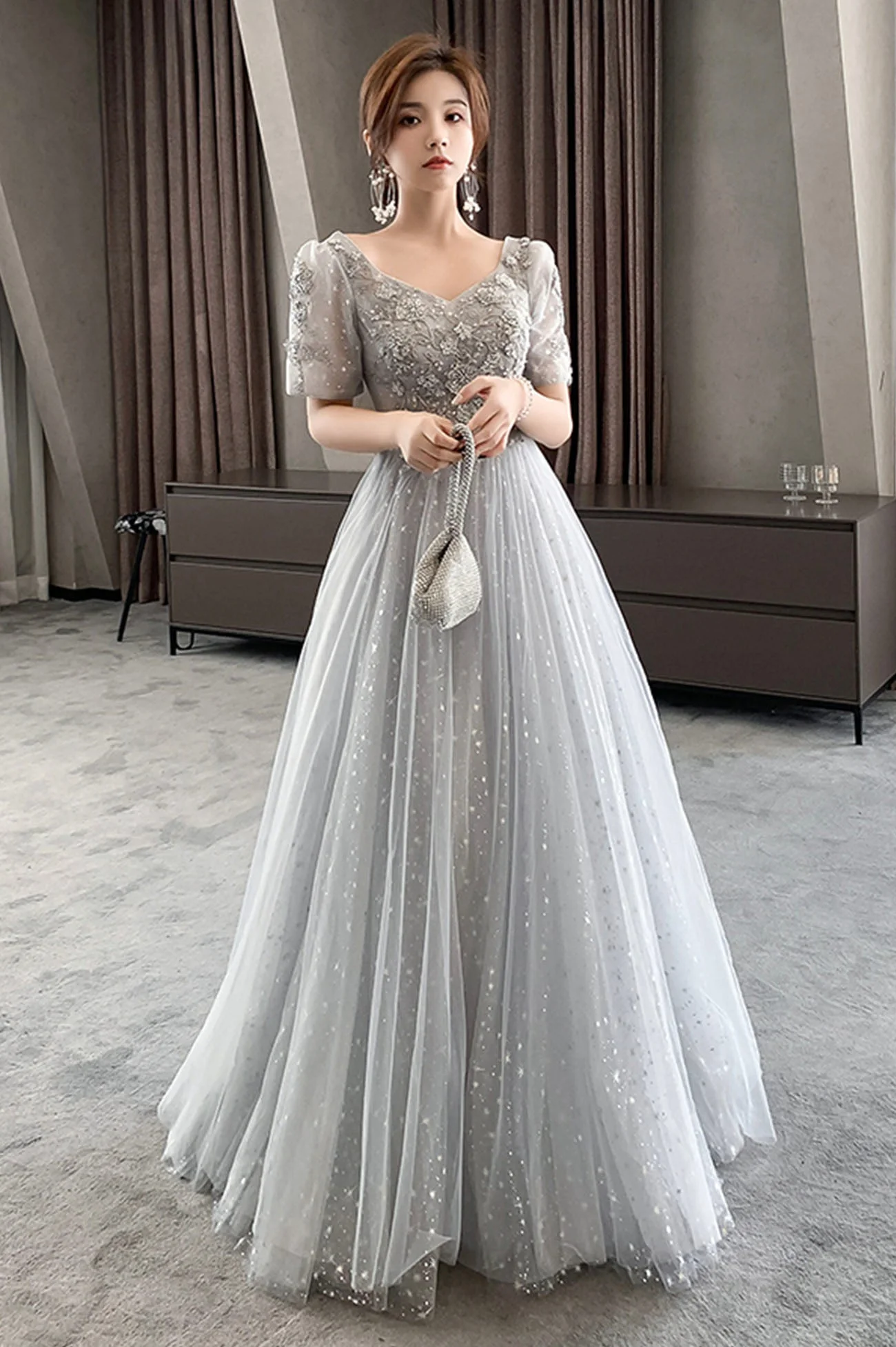 solvbao Gray Tulle Lace Long Prom Dresses, A-Line Evening Dresses - Deanwangkt
