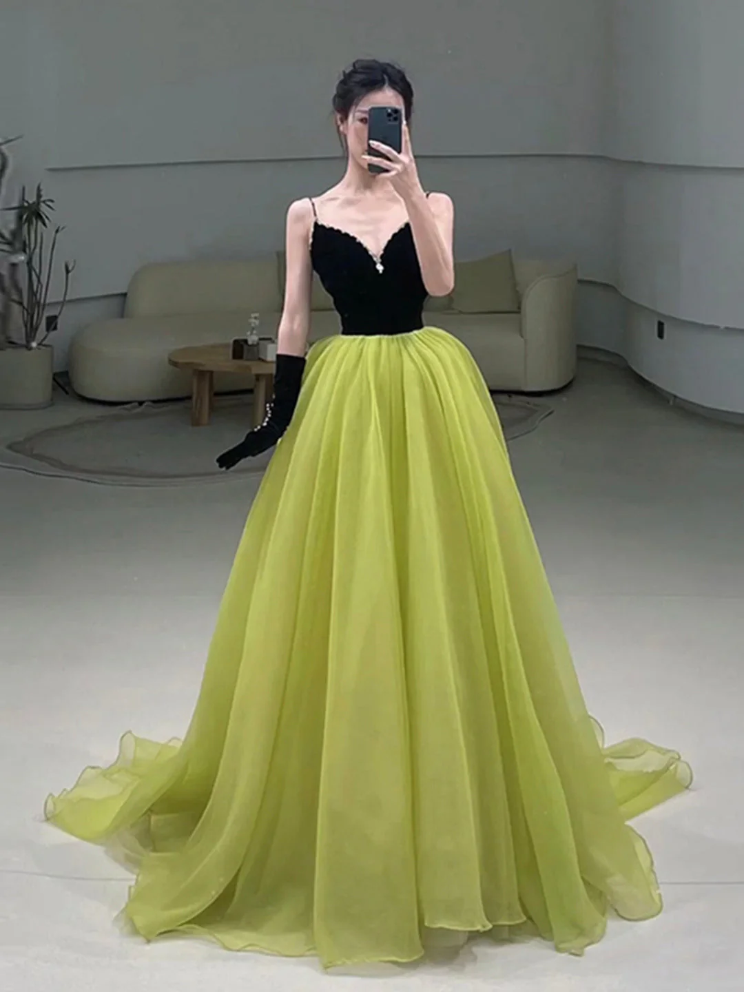 solvbao Black Velvet and Green Tulle Long Prom Dress, Green V-Neck Evening Dress - Deanwangkt
