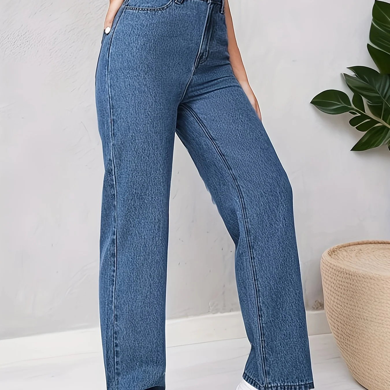 Blue Loose Fit Straight Jeans, High Waist Non-Stretch Slash Pockets Denim Pants, Women's Denim Jeans & Clothing - Deanwangkt