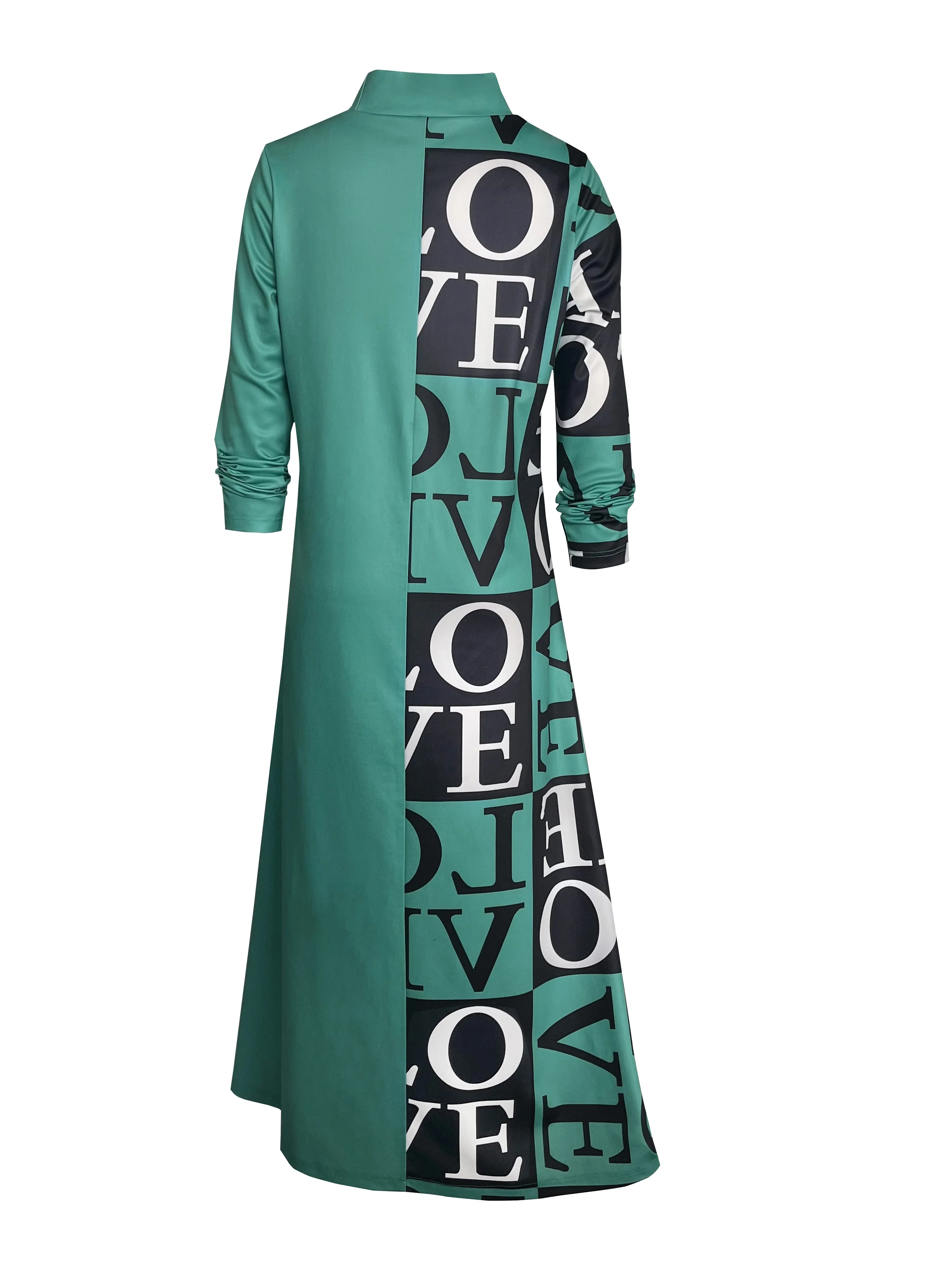 Letter Print Splicing Dress, Casual Dipped Hem Long Sleeve Dress, Women's Clothing - Deanwangkt