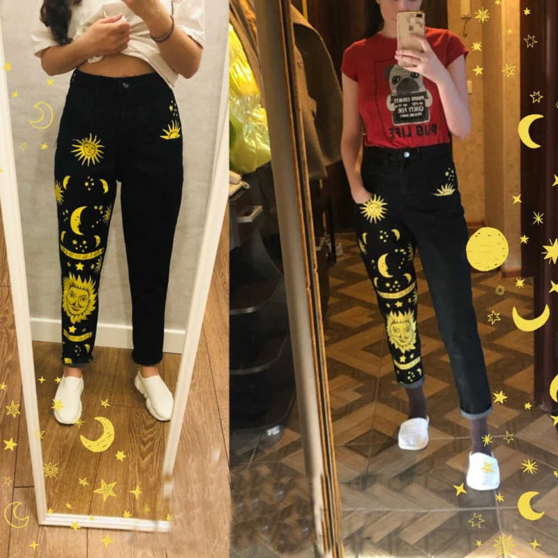 deanwangkt Digital Moon Star Printed Straight Pants Trendy Pants Jeans Fashion Printed Ladies High Waist Young Girls Chic Denim Pants - Deanwangkt
