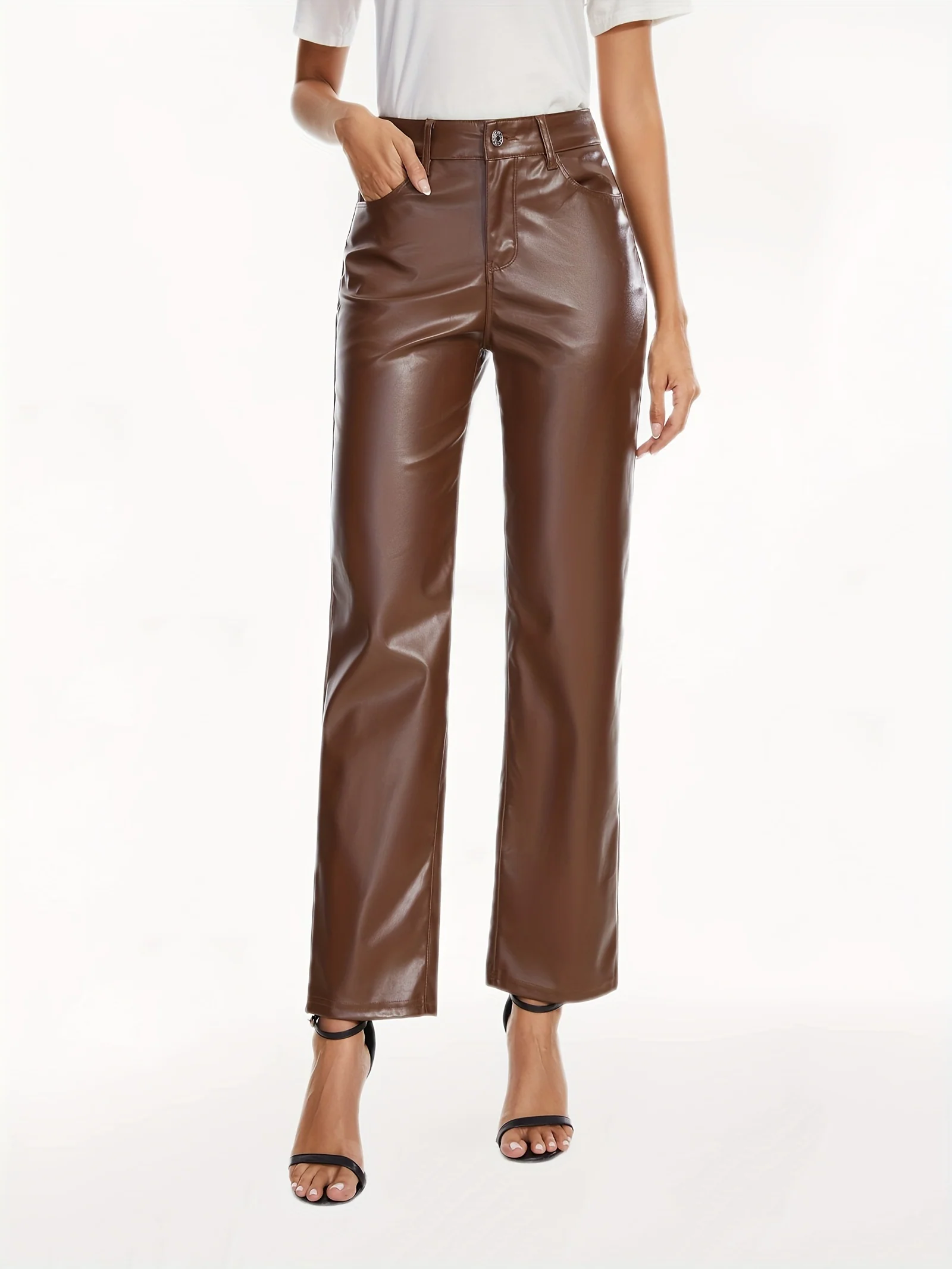 PU Leather Solid Pants, Elegant High Waist Comfy Pants For All Season, Women's Clothing - Deanwangkt