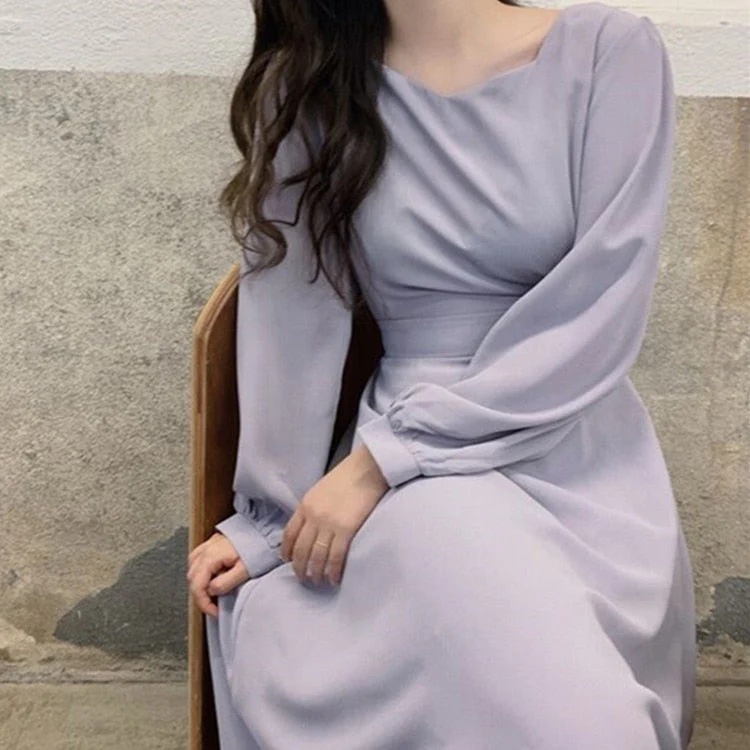 Joskka  New V-Neck Lace Up High Waist Solid Oversized Korean Elegant Vintage Lady Lace Up Autumn Winter Women Long Dresses - Deanwangkt