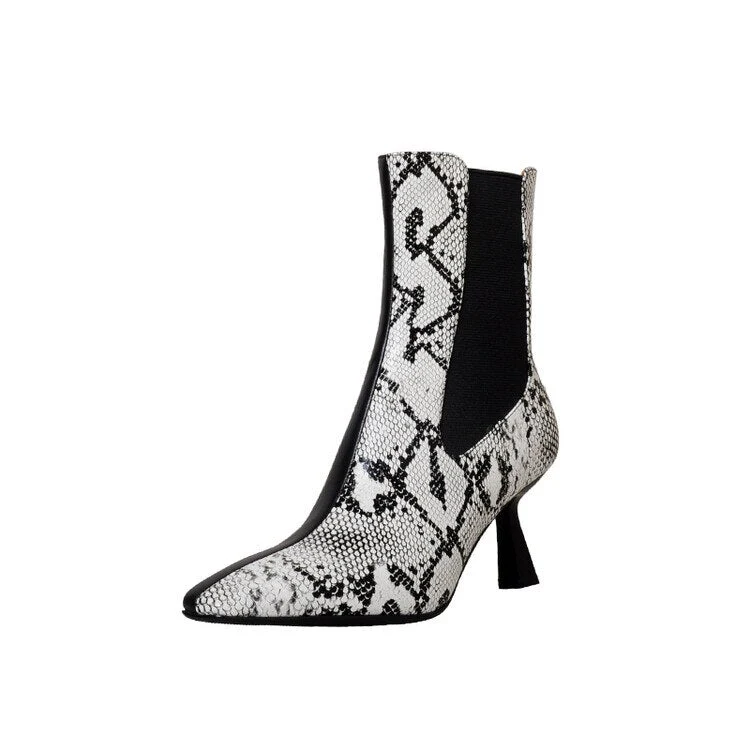 deanwangkt  Autumn Shoes    Autumn Women Boots Pointed Toe Thin Heel Cow Leather Boots Elegant Snake-print Leather Shoes for Women High Heel Boots - Deanwangkt