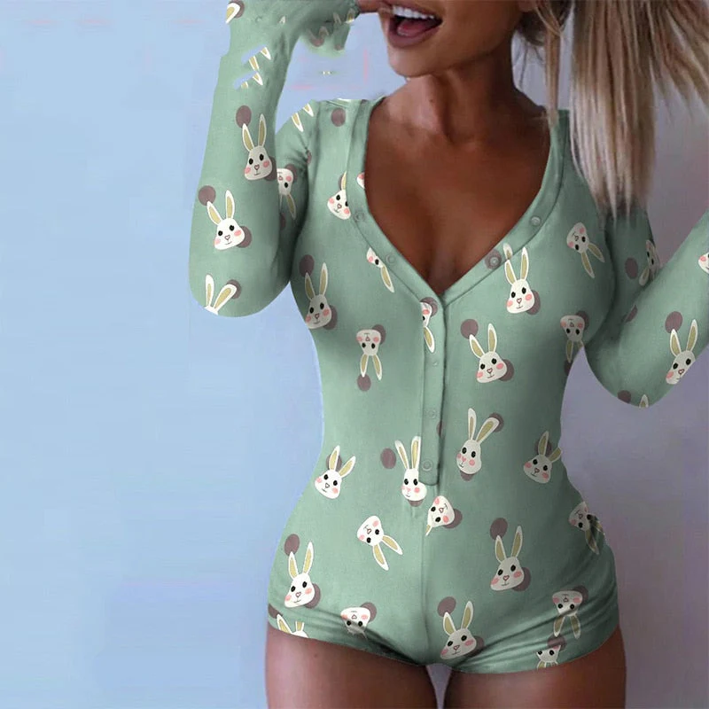 deanwangkt Rabbit V-neck Cute Long Sleeve Bodycon Bodysuit for Women Fall Winter Sexy Spandex Jumpsuits Ladies Lovely Romper Clothes - Deanwangkt