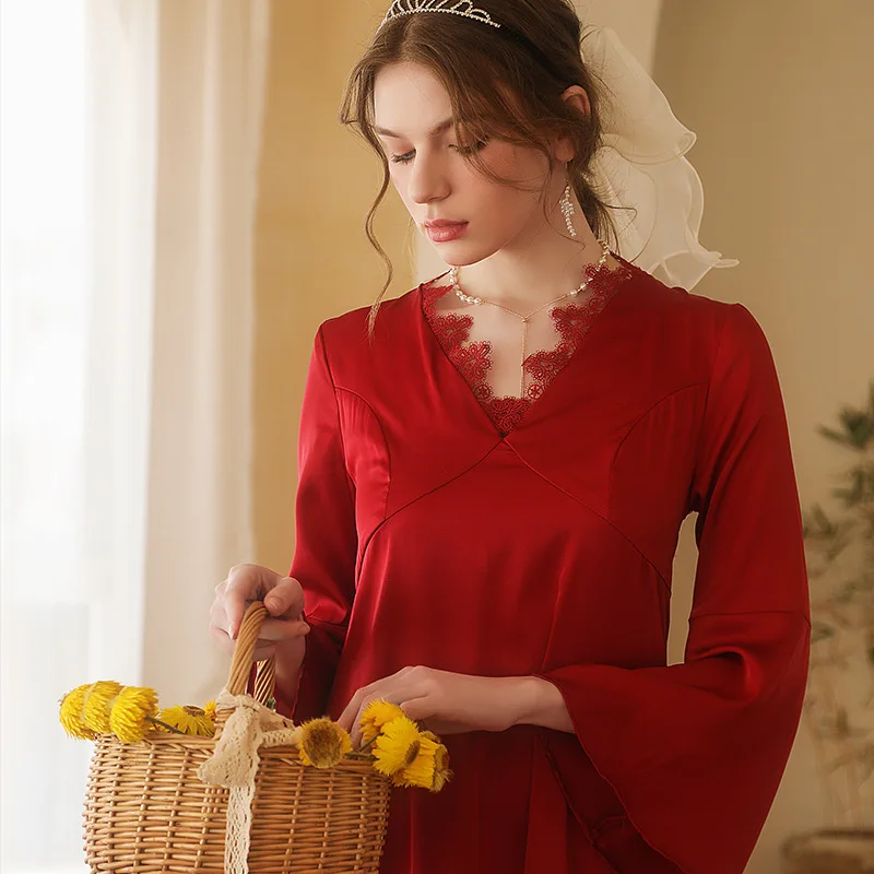 deanwangkt Long Tailing Nightgown Women Wedding Robe Elegant Lace Embroider Sleepwear Bride Banquet Dressing Gown Flare Sleeve Kimono - Deanwangkt