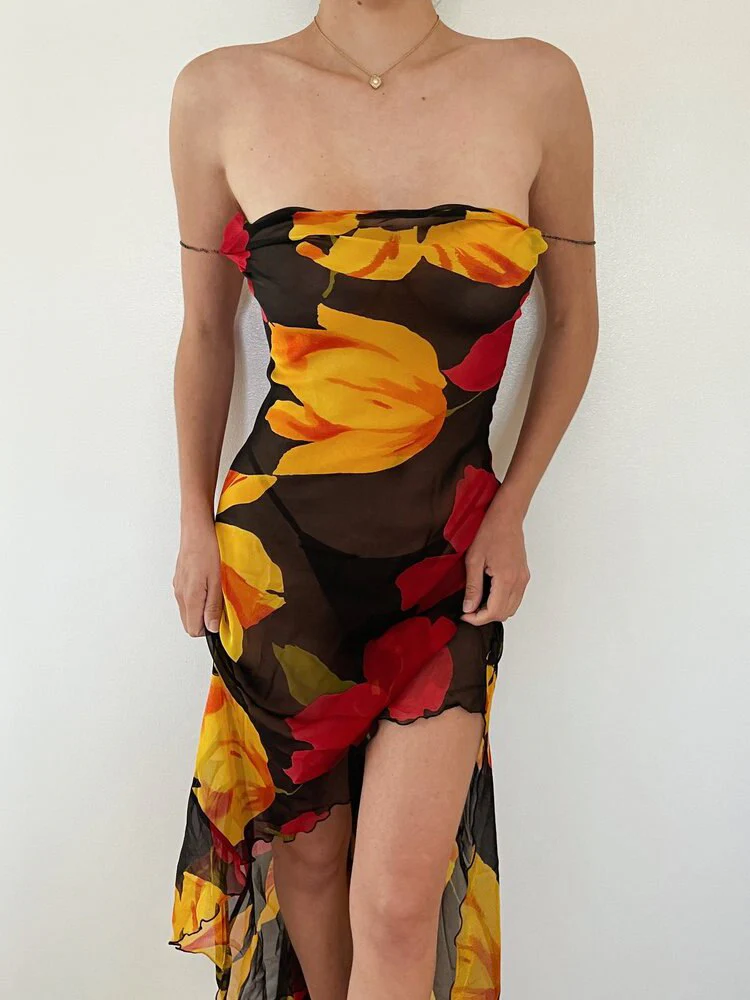 Joskka Chiffon Print Backless Women Summer Dress Spaghetti Strap See Through Dress Female Slim Vacation Outside Beachwear - Deanwangkt