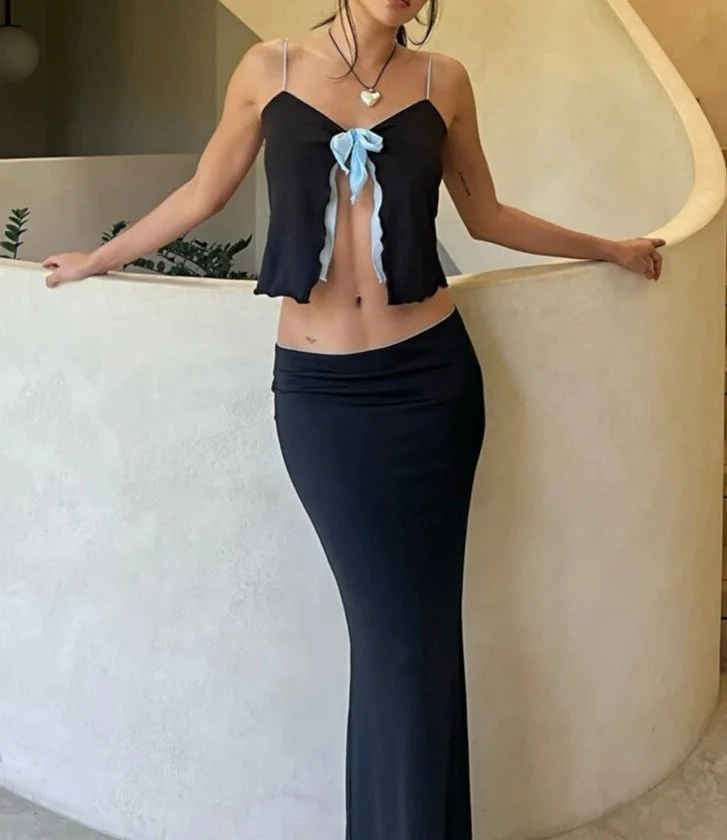 deanwangkt Two Piece Double-Layer Mesh Women Outfits Party Beach Off-shoulder Crop Top And Midi Bodycon Skirt Set Sexy Club - Deanwangkt