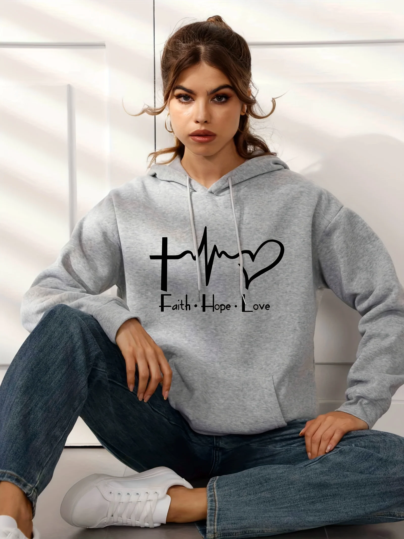 deanwangkt-1  Faith Hope And Love  Letter Hooded Sweatshirt With Front Pocket, Long Sleeve Causal Sports Drawstring Hoodie, Women's Sporty Sweatshirts - Deanwangkt
