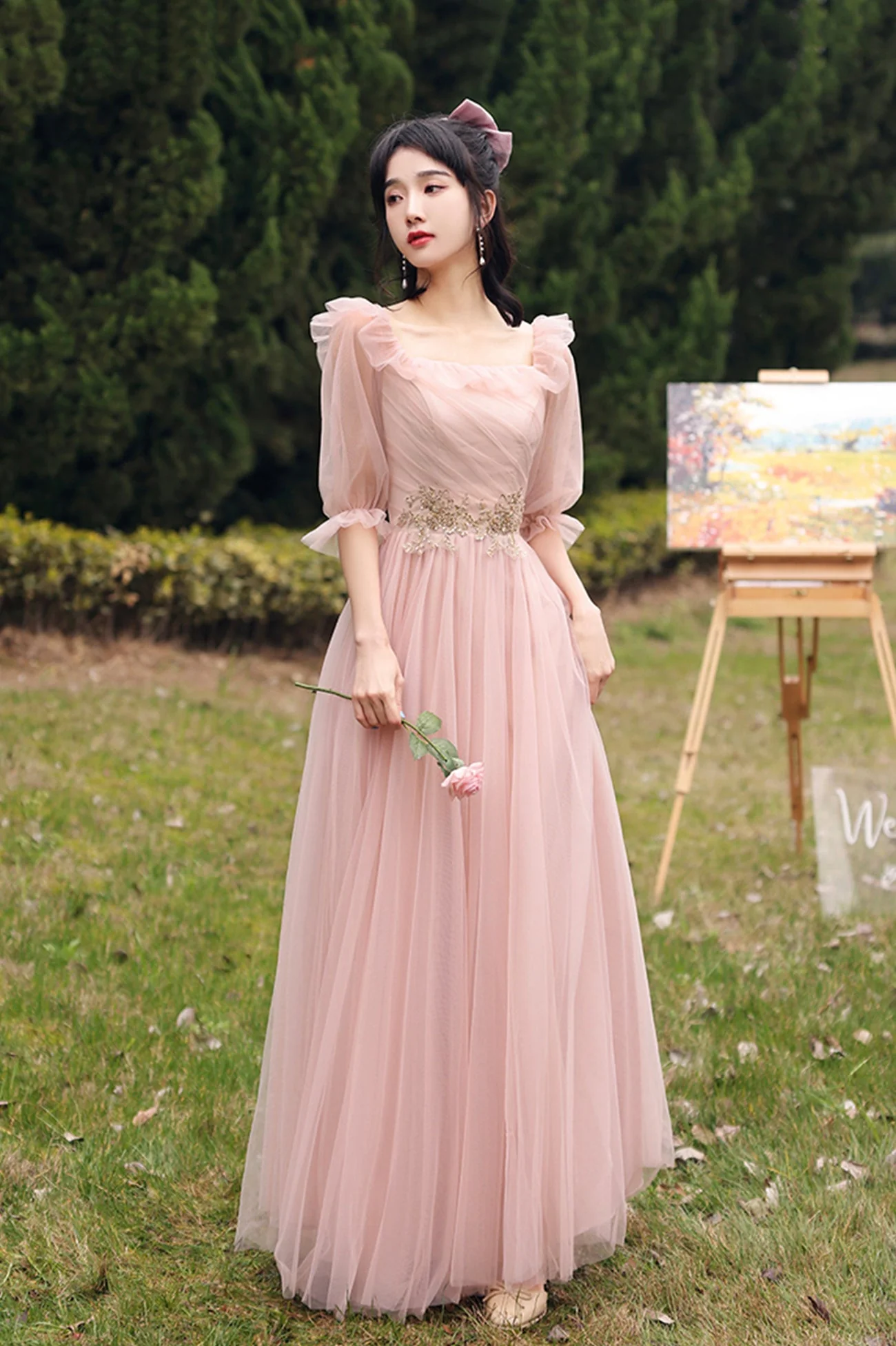solvbao Pink Lace Long Prom Dresses, Lovely A-Line Evening Dresses - Deanwangkt