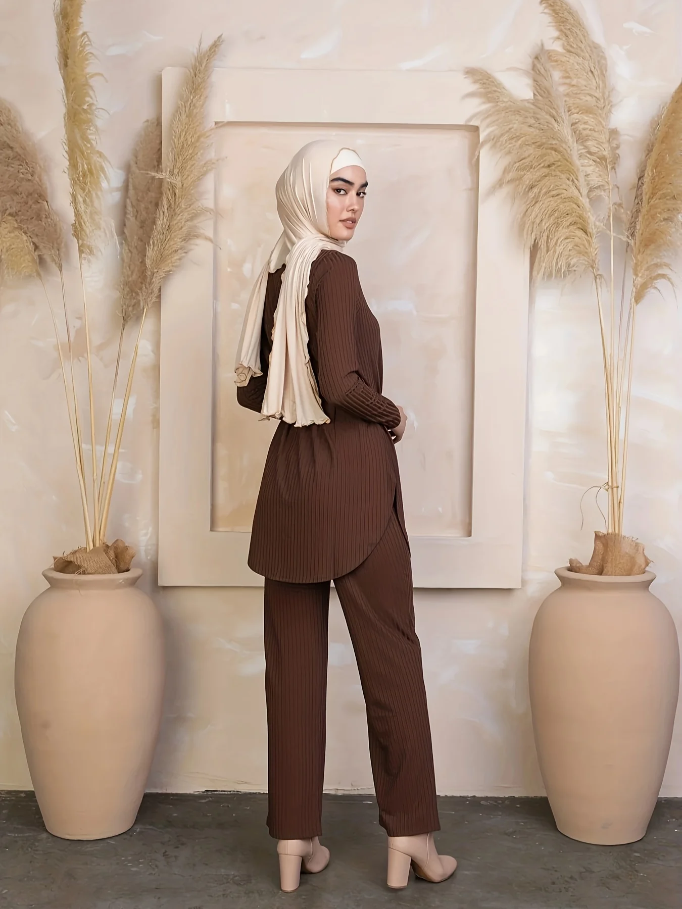 Casual Ribbed Knit Two-piece Set, Curved Hem Long Sleeve Top & Straight Leg Pants Outfits, Women's Clothing - Deanwangkt