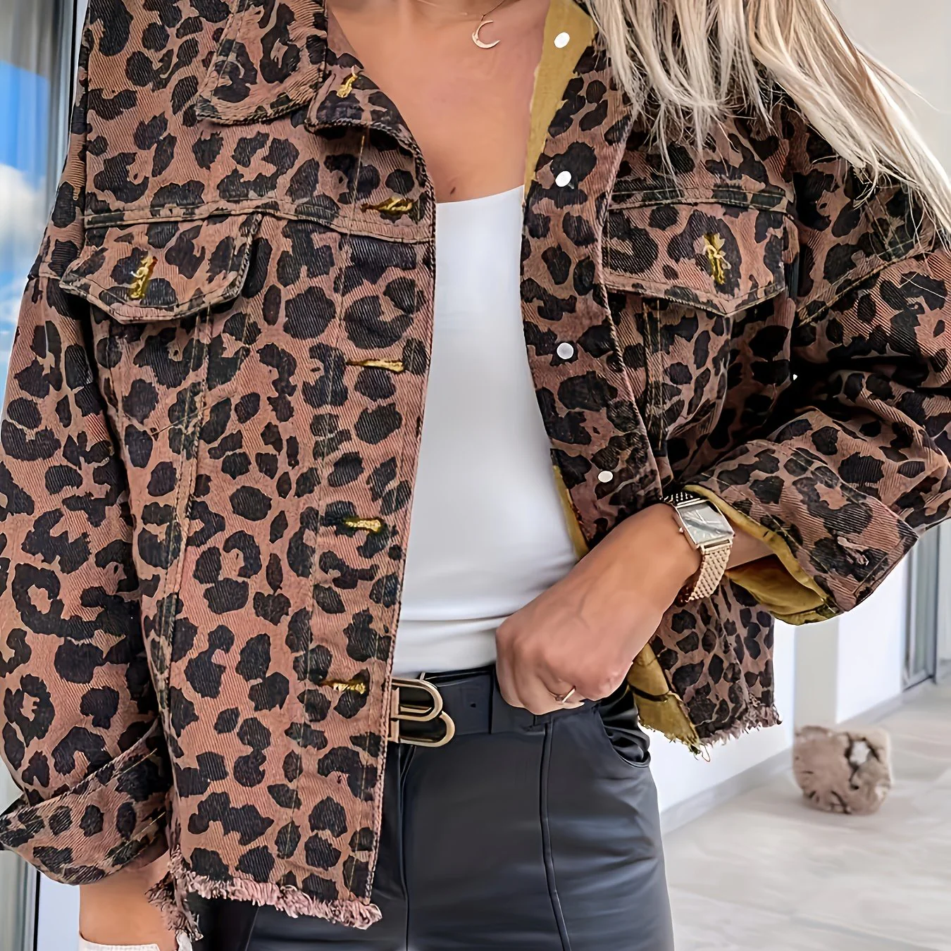 Leopard Print Denim Coats, Raw Hem Long Sleeve Flap Pockets Over Sized Button Closure Denim Jacket, Women's Denim Jacket & Clothing - Deanwangkt