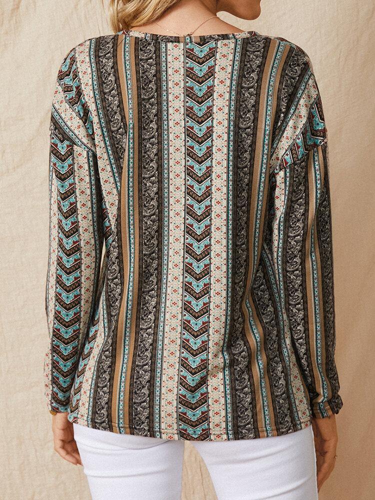 deanwangkt Striped Floral Print O-neck Long Sleeve Casual Blouse For Women - Deanwangkt