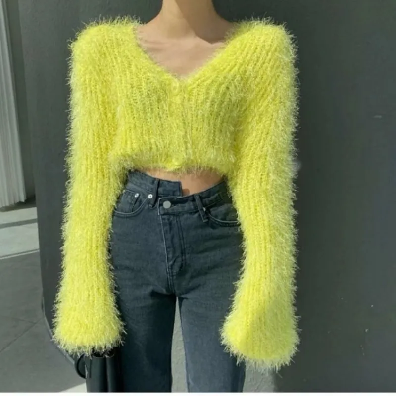 deanwangkt Women Yellow Mink Cashmere Knitted Cardigan V-neck Velvet Mohair Sweater Coat Long-sleeved Wild Plush Single-breasted Crop Tops - Deanwangkt