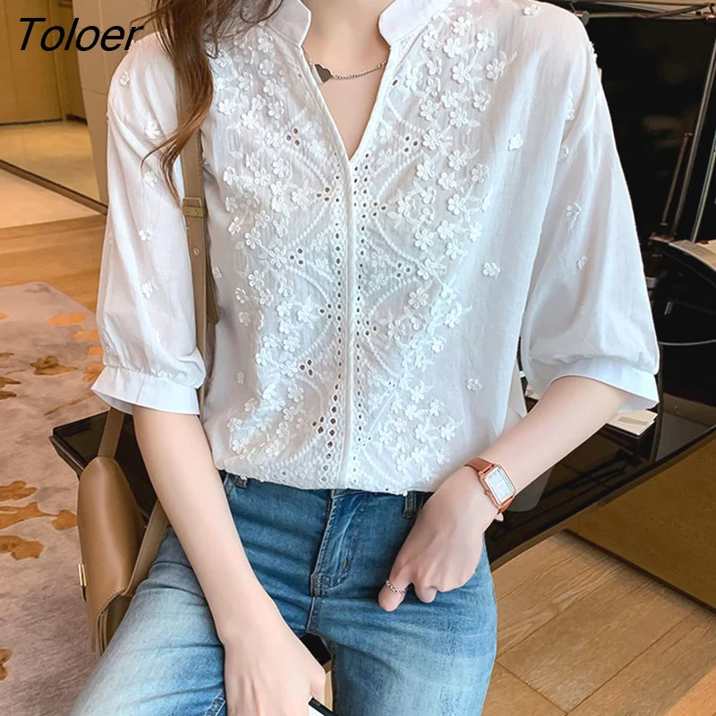 deanwangkt Embroidery Women Blouse Tops V-neck Short Sleeve White Shirt Woman Applique Vintage Cotton Female Blouses Blusas 14204 - Deanwangkt