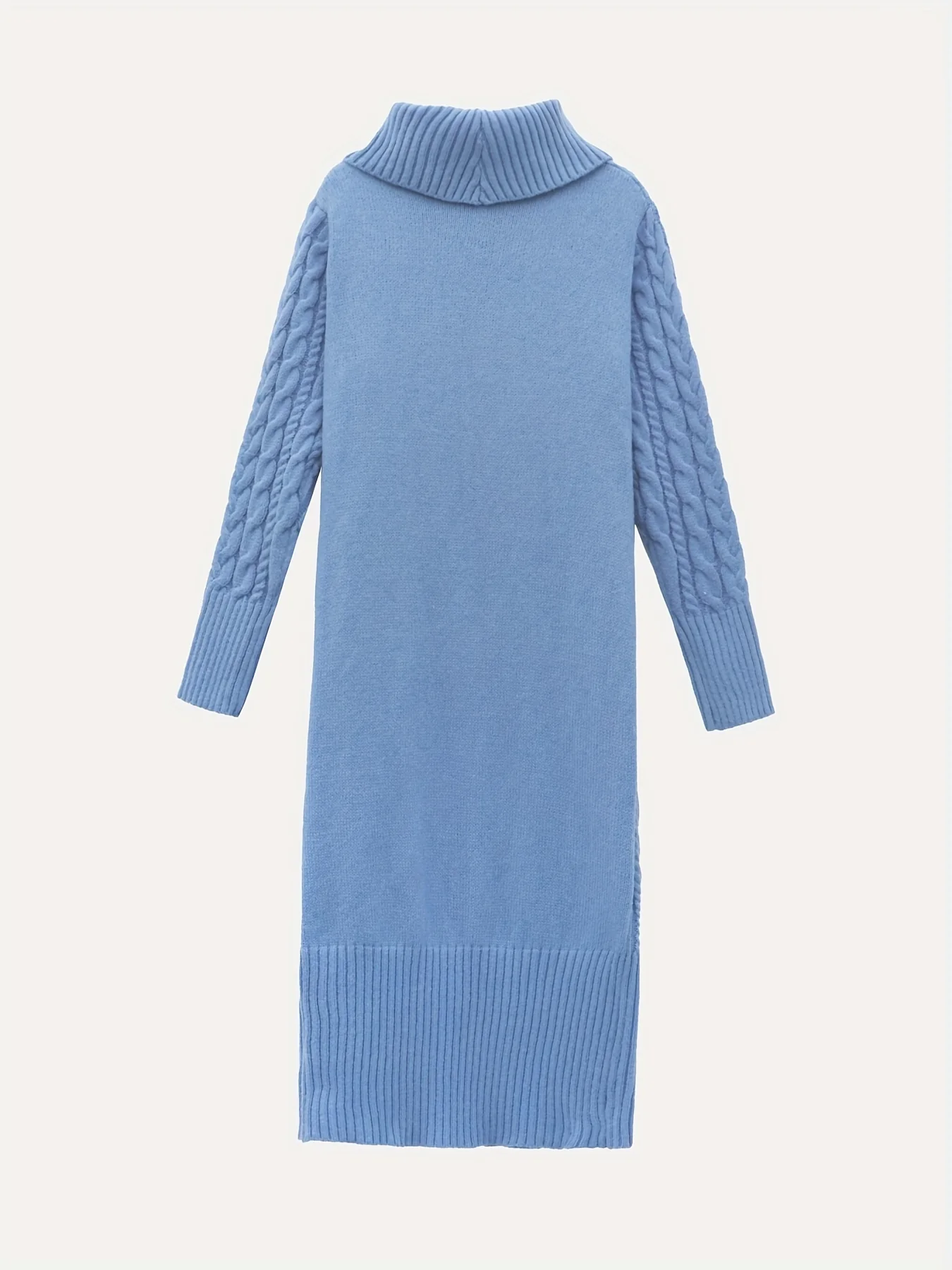 Solid Cable Knit Sweater Dress, Casual Turtleneck Long Sleeve Pocket Front Dress, Women's Clothing - Deanwangkt